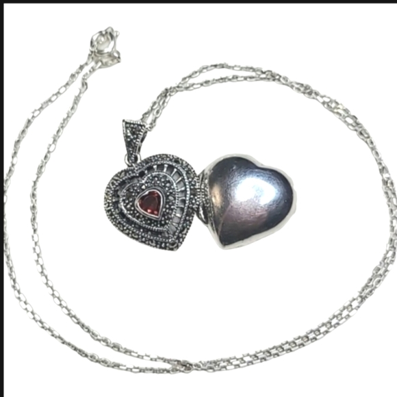 Dee Berkley Pure 925 Sterling Heart Locket Necklace Garnet Marcasite - Picture 5 of 8